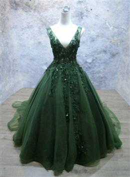 Picture of Green Beaded and Lace V-neckline Low Back Long Party Dress, Green Evening Dresses Party Dress